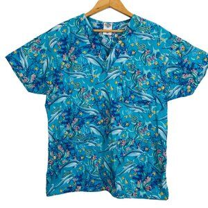 Comfy Cottons Women's Scrub Top SIze Small Dolphins Ocean Life Blue All Cotton